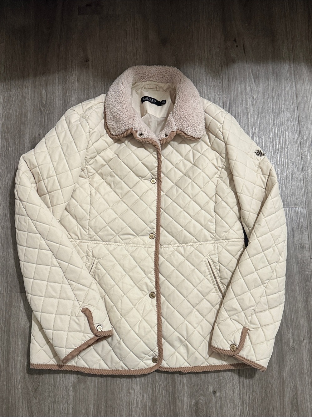 Lauren Ralph Lauren Cream Quilted Puffer Jacket with Sherpa Collar